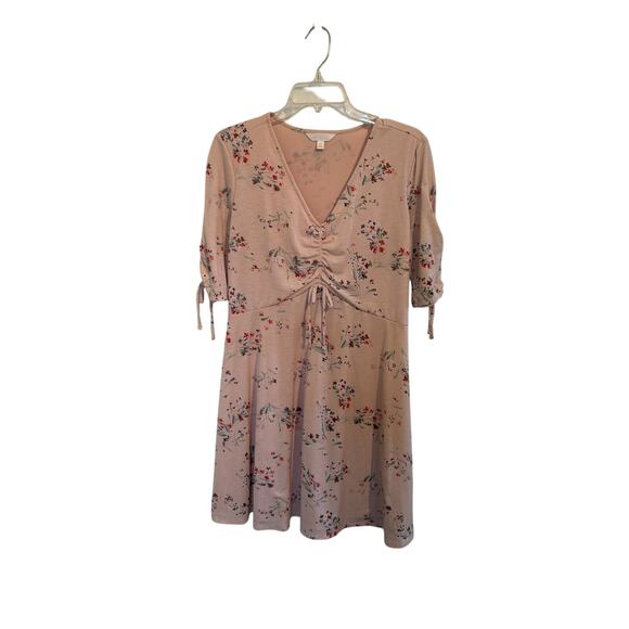 Floral Dress Ruching Tie Front Springtime V Neck Medium Coquette Romantic - Picture 1 of 6